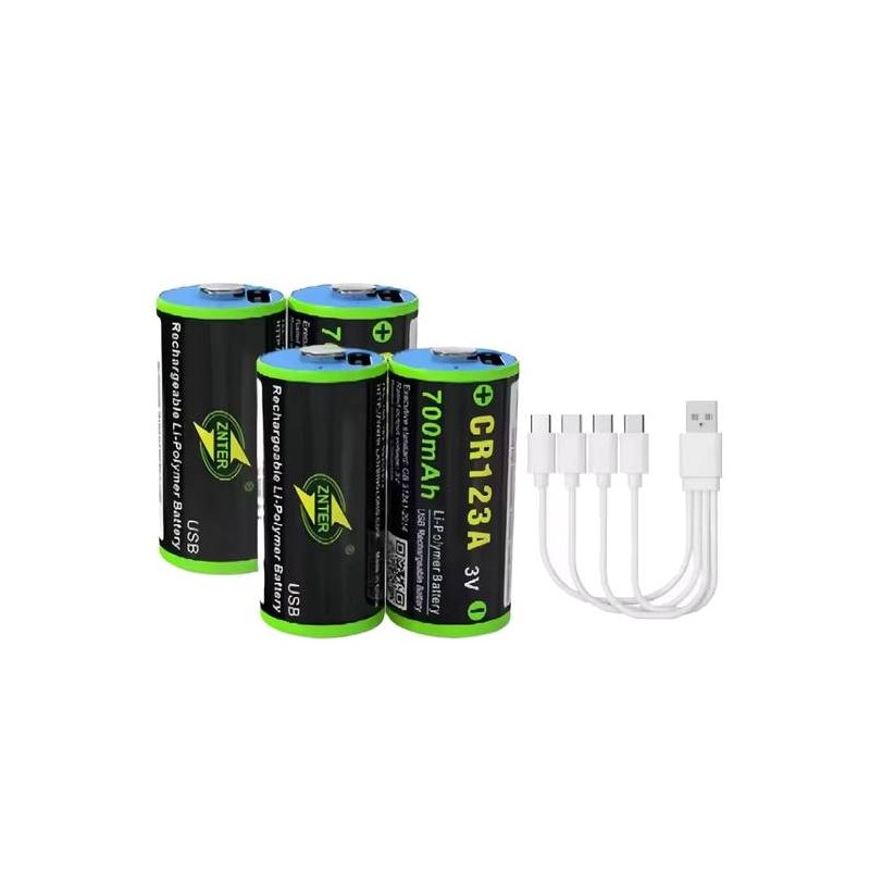 ACM Lot x4 CR123A 3V 700Mah Rechargeable USB-C + Cordon